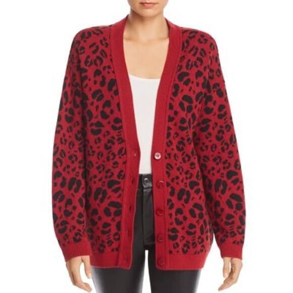 Anine Bing Justine Oversized Cardigan Cotton Size XS Red Leopard - Picture 1 of 7